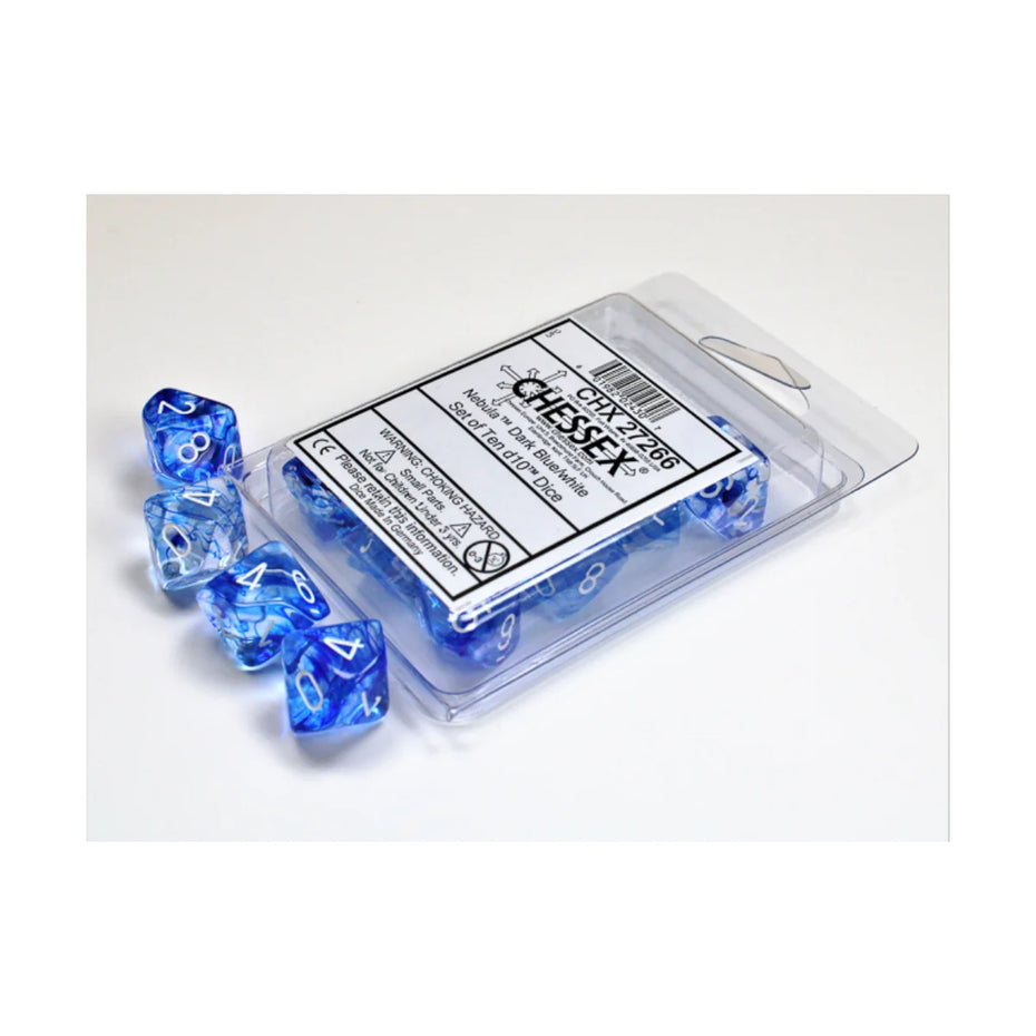 Chessex - Set of Ten d10 Dice Nebula - Dark Blue/White TCG