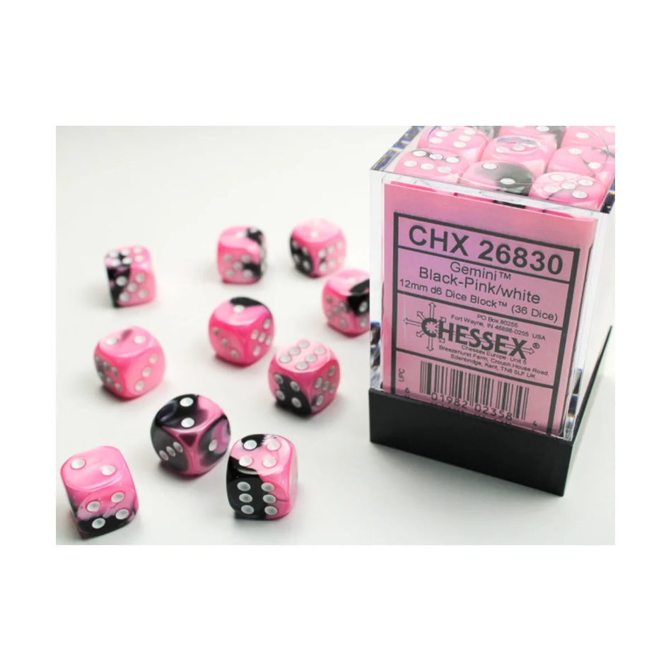 Chessex - 12mm D6 - Dice Block - Gemini Black-Pink/White