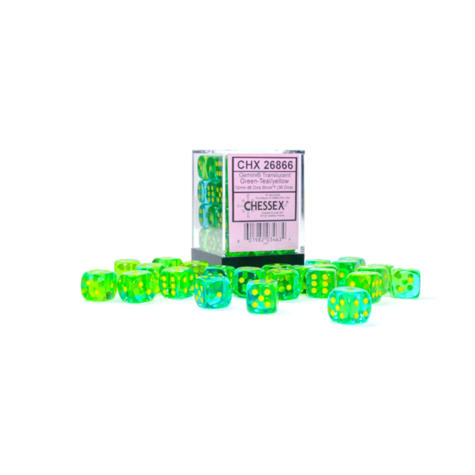 Chessex - 12mm D6 - Dice Block - Gemini Green-Teal/Yellow