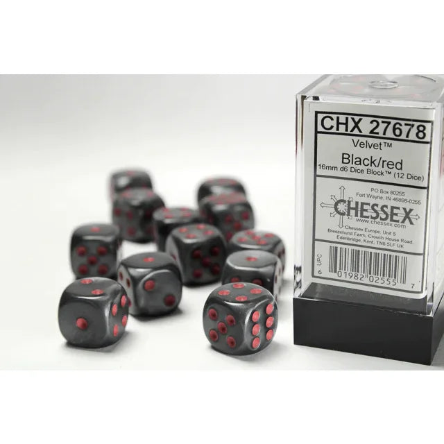 Chessex - 16mm - 12 Dice - Verschiedene Farben Velvet Black