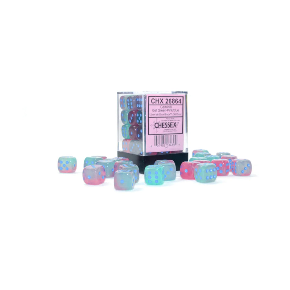 Chessex - 16mm D6 - Dice Block - Gemini Gel Green-Pink/Blue