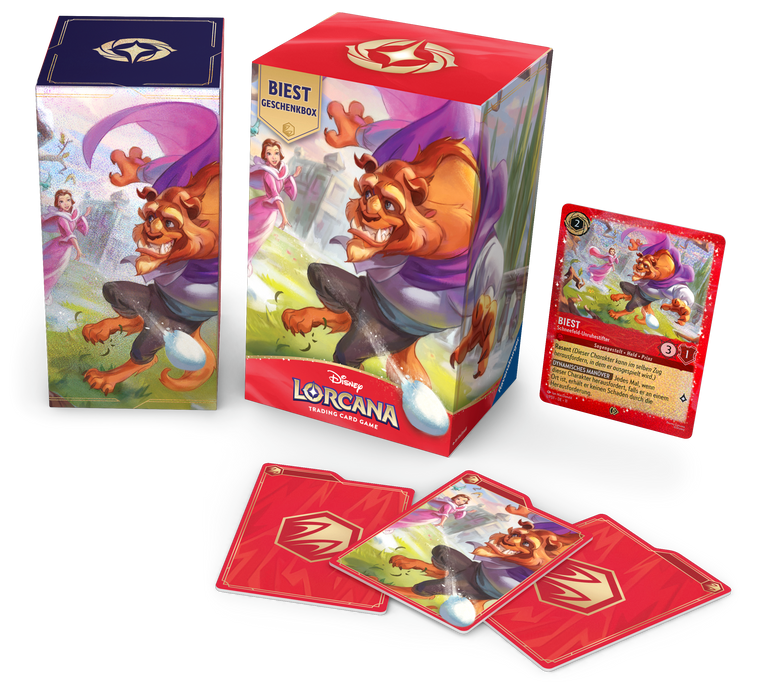 Inhalt der deutschen Disney Lorcana Biest Geschenkbox mit Promokarte, Aufbewahrungsbox und Kartentrennern