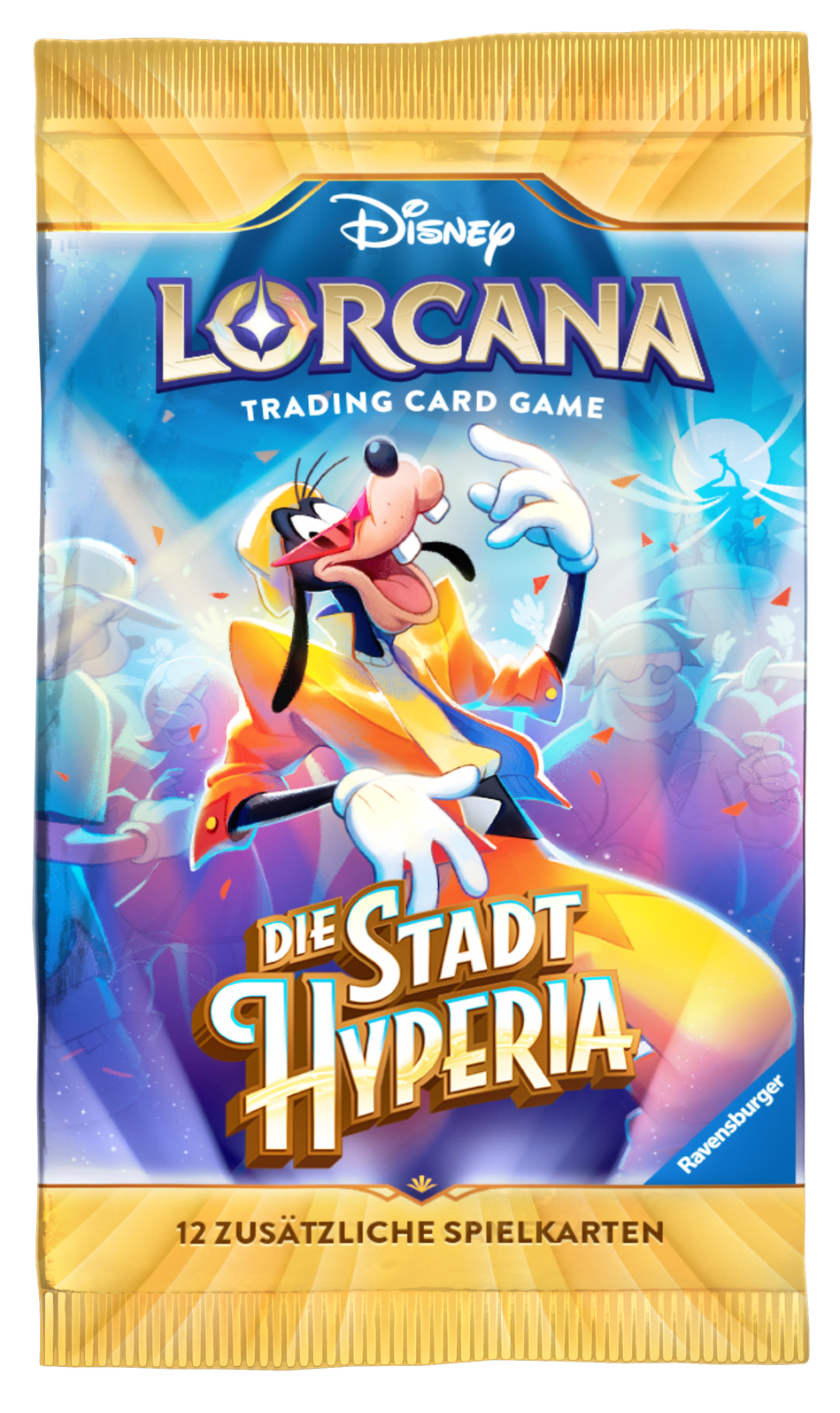 Disney Lorcana Die Stadt Hyperia (Set 14) Booster - DE – Beispielmotiv Goofy; zufälliges Verpackungsmotiv