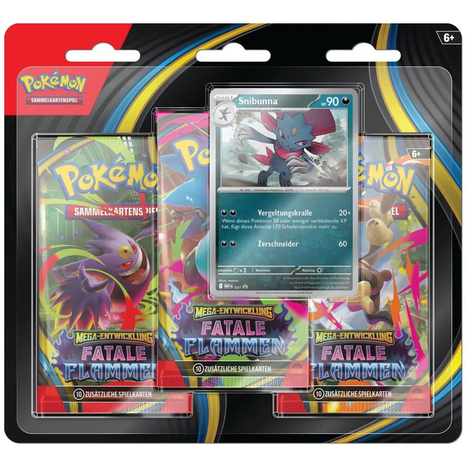 Pokémon Fatale Flammen ME02 3-Pack-Blister DE Snibunna